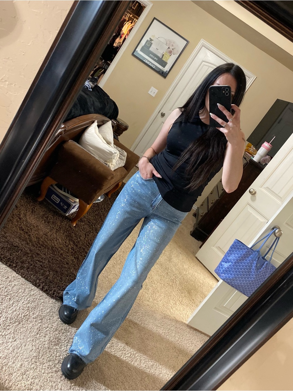 Fashion nova rhinestone bling blue flare jeans 5